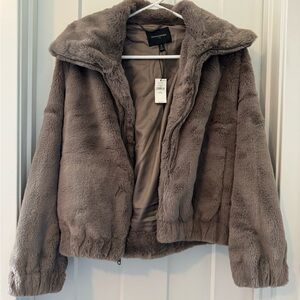 Banana Republic Taupe Plush Faux-Fur Zip-Up Jacket